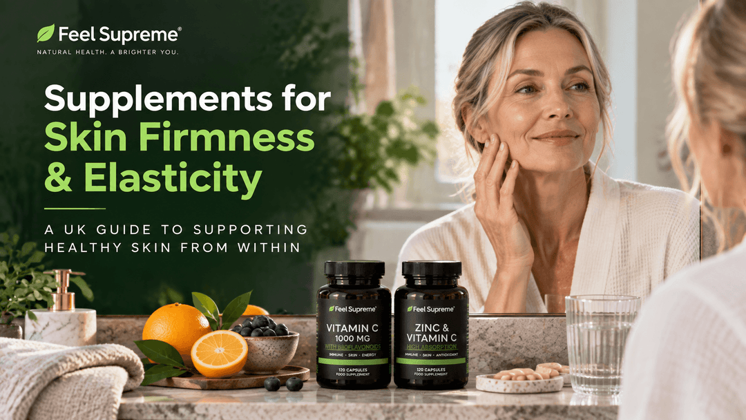 Woman checking mature skin firmness in the mirror, with Feel Supreme skin supplements on the counter."