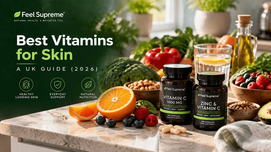 Colourful vegetables, citrus fruit and vitamin supplements arranged on a kitchen worktop for healthy skin
