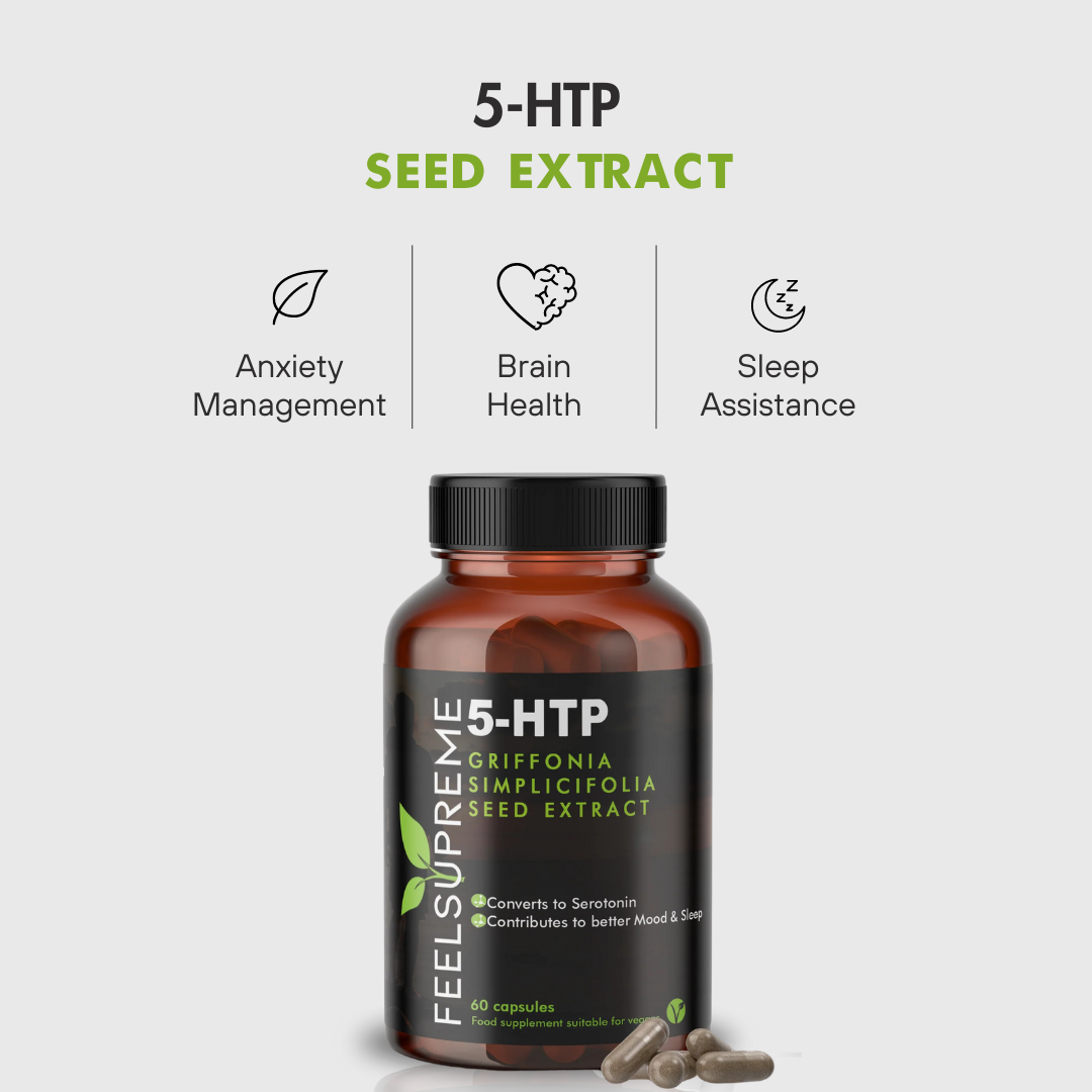 Feel Supreme 5-HTP Supplement Infographic - Natural Mood and Sleep Support. 60 Capsules with 5-Hydroxytryptophan, helping promote relaxation, mental well-being, and a balanced mood. Perfect for those seeking a natural approach to serotonin support. Vegan, non-GMO, and gluten-free.