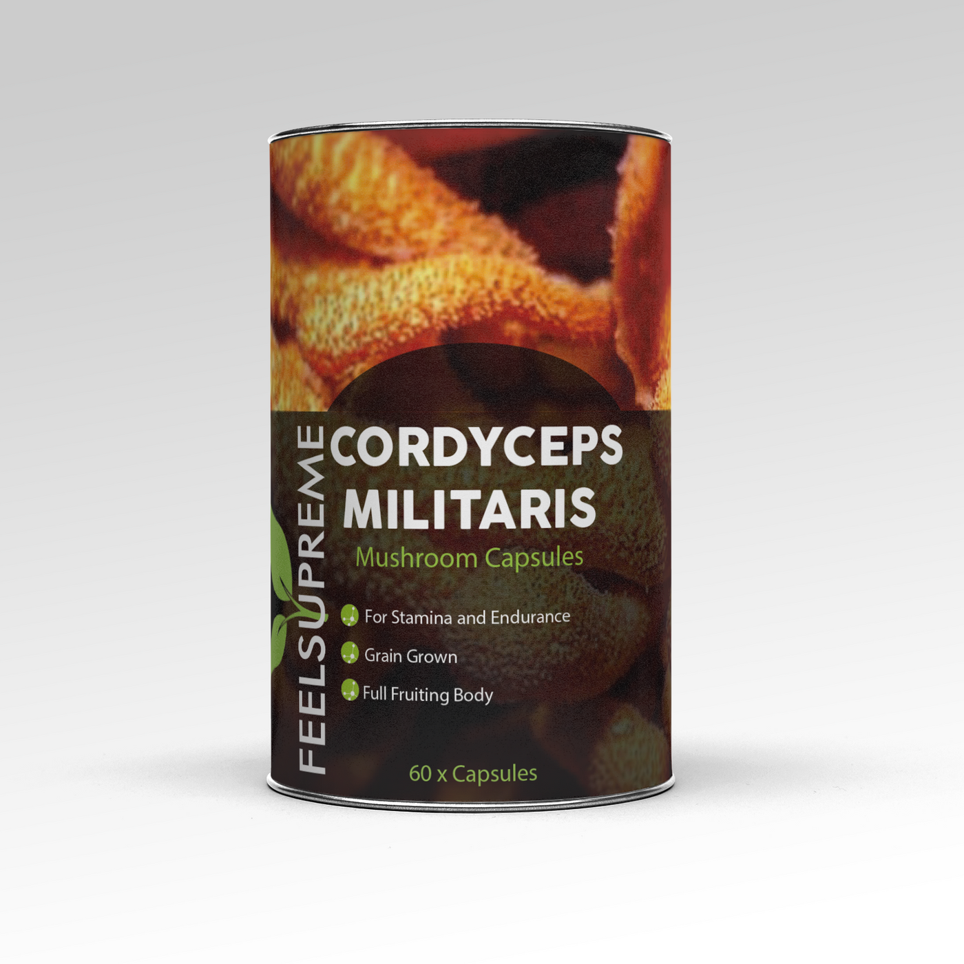 Image of Cordyceps militaris mushroom supplement bottle featuring organic medicinal mushrooms for natural energy boost, immune support, and wellness benefits