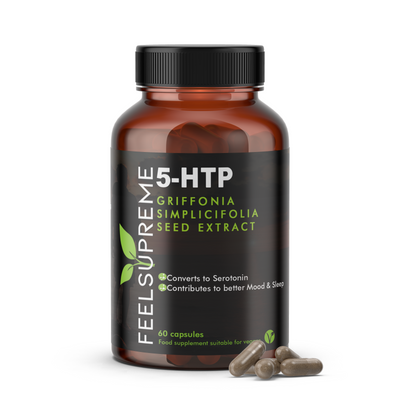 Feel Supreme 5-HTP Supplement - Natural Mood and Sleep Support. 60 Capsules with 5-Hydroxytryptophan, helping promote relaxation, mental well-being, and a balanced mood. Perfect for those seeking a natural approach to serotonin support. Vegan, non-GMO, and gluten-free.