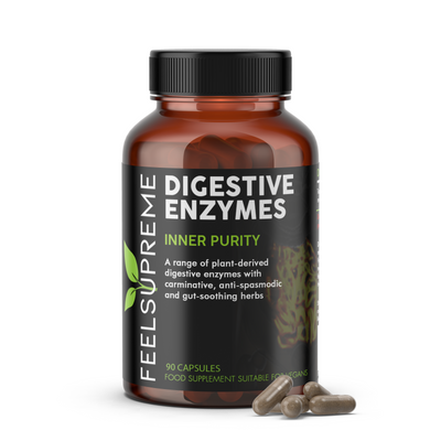 Plant-Based Digestive Enzymes by Feel Supreme: A bottle of natural, vegan digestive enzyme supplements designed to support healthy digestion and nutrient absorption. The packaging highlights its clean, plant-based ingredients, ideal for those seeking a gentle, eco-friendly solution for digestive health