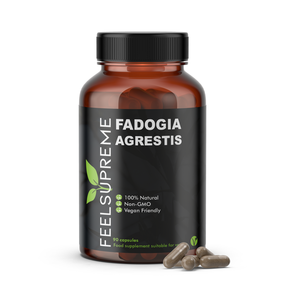 Close-up of Fadogia Agrestis capsules in a glass bottle on a white background. The capsules are filled with a powdered herbal supplement known for its natural testosterone-boosting properties, commonly used in fitness and wellness routines. Fadogia Agrestis is an African shrub celebrated for supporting male vitality, athletic performance, and energy levels. Perfect for those seeking natural health supplements to enhance their wellness journey